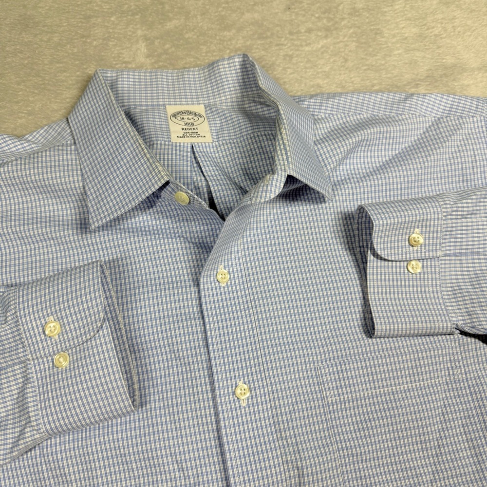 Brooks Brothers Dress Shirt Mens 18 4/5 Blue Micro Check Regent Fit 1818 NonIron